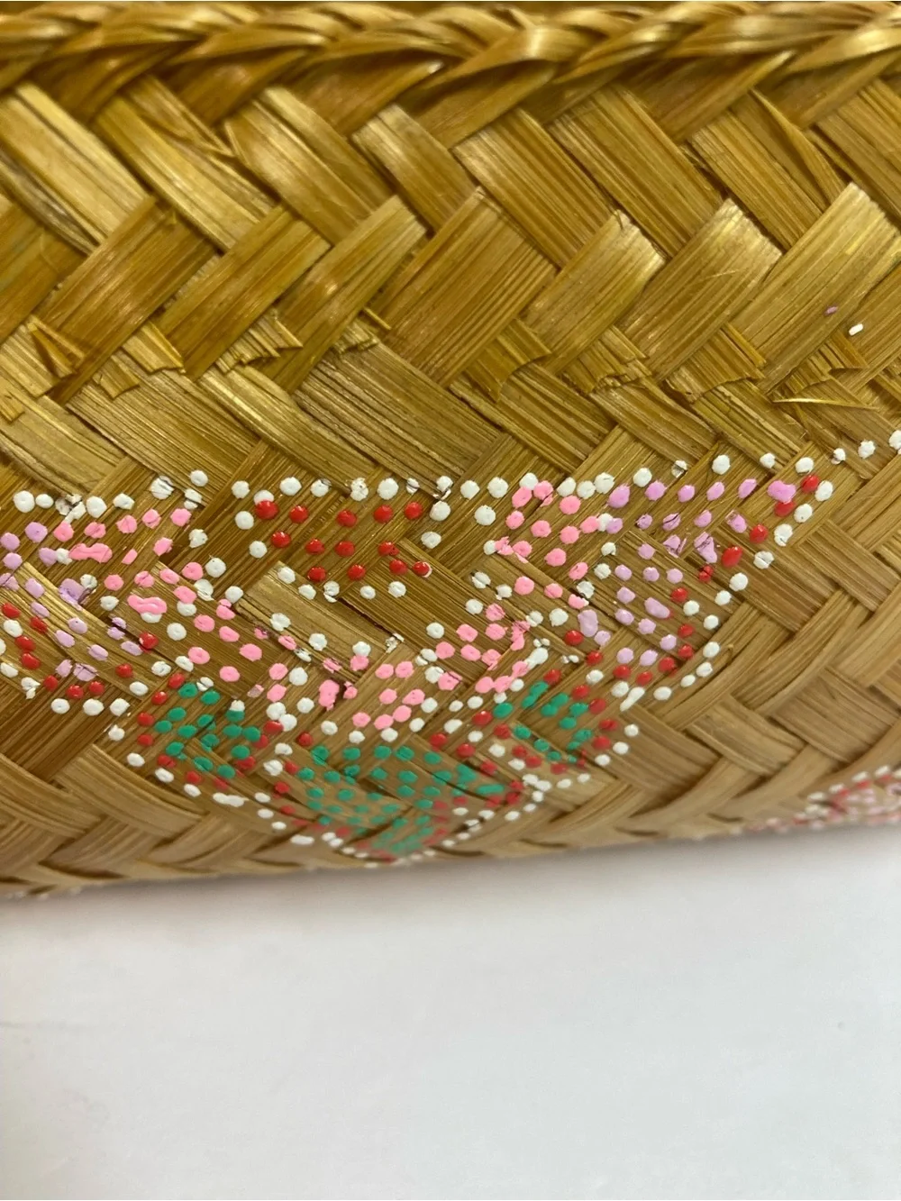 Thai Artisan Handwoven Natural Reed Basket w/Lid Pink,Green Red & White Accents